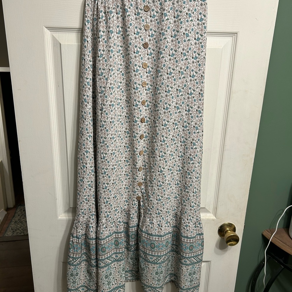 Floral Button-Front Maxi Skirt in Teal and Cream